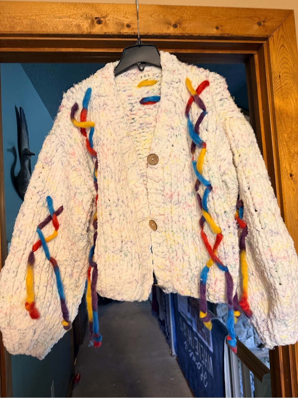 NWOT POL Handmade-Style White Chunky Knit Cardigan with Multicolor Accents